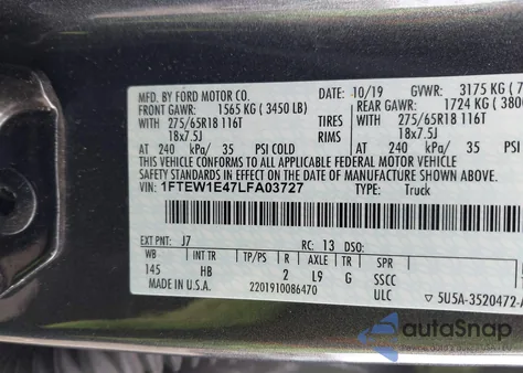 2020 Ford F-150 Lariat z USA, uszkodzony, nr VIN 1FTEW1E47LFA03727